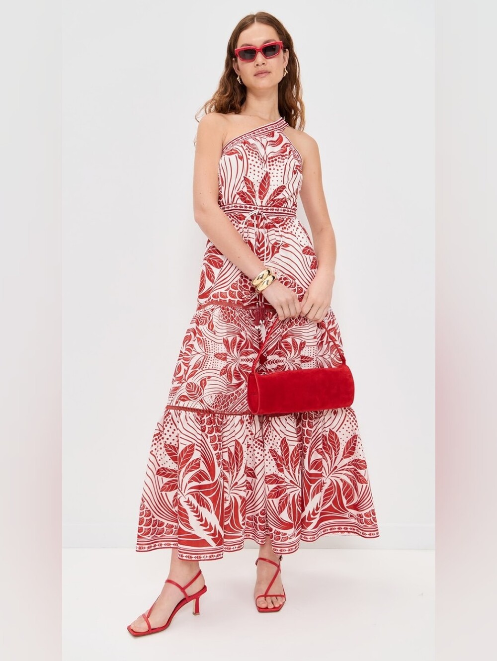 FARM RioMonochrome Elegance Scarf Red Maxi Dress